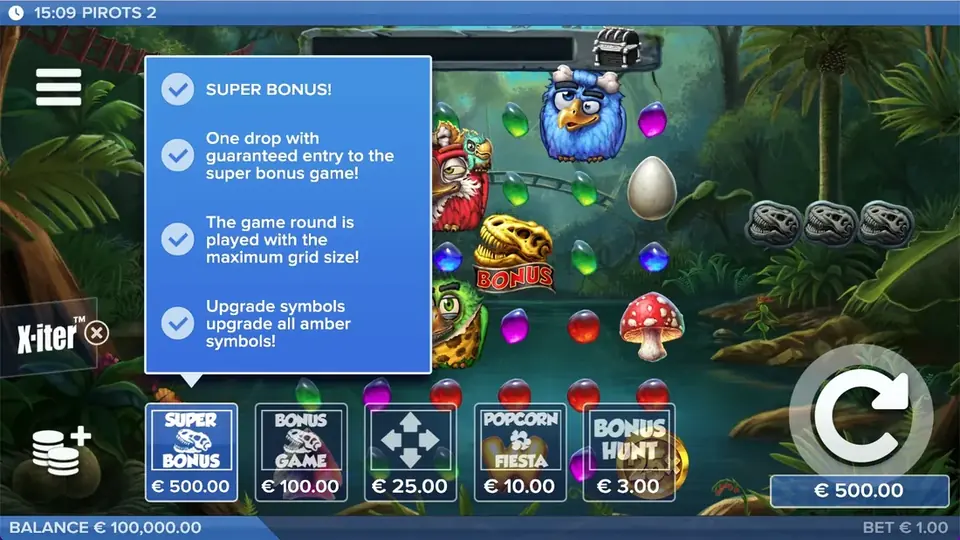 Menu X-iter de Pirots 2 avec les cinq niveaux de prix
