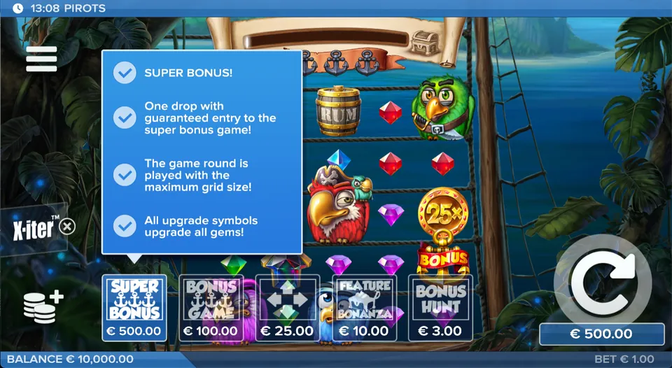 Menu X-iter de Pirots avec les cinq modes
